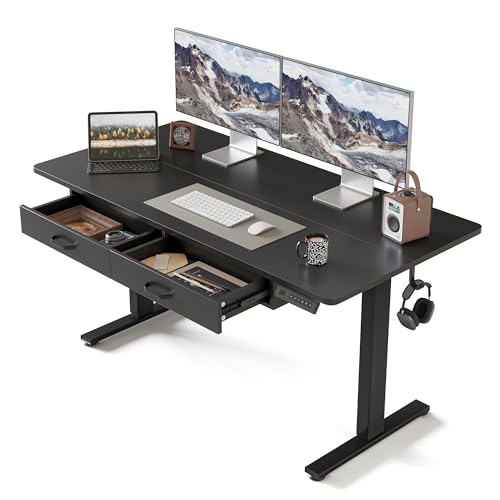 FEZIBO Adjustable Height Electric Standing Desk with Double Drawer, 55 x 24 Inches Stand Up Home Office Desk with Splice Tabletop, Black Frame/Black Top - WoodArtSupply