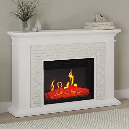 Electric Fireplace with Mantel - Freestanding Heater with Remote Control, Light-Adjustable LED Flames, and Faux Logs and Stones by Northwest (White) Northwest