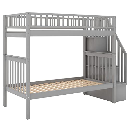 Harper & Bright Designs Bunk Beds Twin Over Twin Size, Solid Wood Bunk Beds with Trundle and Stairs for Kids,Toddler,Teens,Adults (Grey, Bunk Bed with Trundle) Harper & Bright Designs