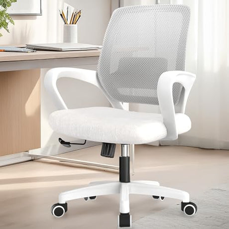 NEO Chair Office Desk Ergonomic Mesh Computer Chair with Lumbar Support Adjustable Height Swivel Rolling Wheels Comfy Mid Back Task Chair for Home Bedroom Vanity Study (Ivory) NEO CHAIR