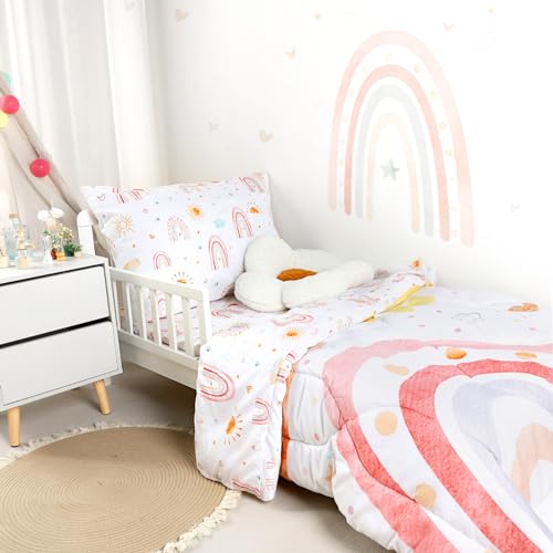 CARUILI Toddler Bedding Set for Girls, 4 Piece Rainbow Toddler Girl Bedding Set, Super Soft & Lightweight Toddler Comforter Set Includes Comforter, Flat Sheet, Fitted Sheet, Pillowcase (Pink) CARUILI