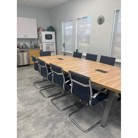 Modern 10ft Conference Table Boat Shaped Laminate Maple Finishes Wood 1.5" Thickness Tabletop with Gray Metal V Legs Sleek Colors Desk Grommets Meetings Boardroom Offices 118" L x 47-32" W x 29" H WoodArtSupply