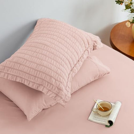 Love's cabin Seersucker Pink Twin Comforter Set, 5-Piece All Season Lightweight Bed in a Bag Bedding Set with Comforter, Flat Sheet, Fitted Sheet, Pillowcase and Sham Love's cabin