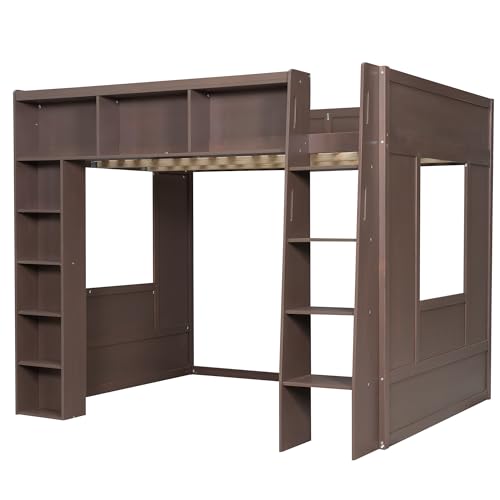 Merax Queen Size Loft Bed with Storage - Wooden High Sleeper Bed with 3 Cabinets & 5 Shelves, Heavy Duty Study Desk Space, Space Saving Bed for Kids Teens, Small Bedroom, Dorm Room, Brown Merax