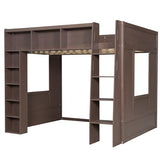 Merax Queen Size Loft Bed with Storage - Wooden High Sleeper Bed with 3 Cabinets & 5 Shelves, Heavy Duty Study Desk Space, Space Saving Bed for Kids Teens, Small Bedroom, Dorm Room, Brown Merax