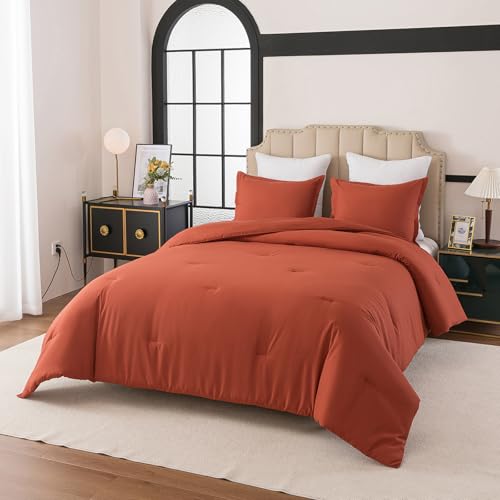 Caressma Full Comforter Set Burnt Orange, Soft Prewashed Solid 3 Pieces Bedding Comforter for All Seasons,Fluffy Microfiber Terracotta Boho Comforter (79"x90") for All Seasons with Pillowshams Caressma