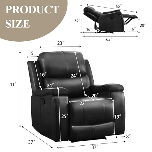 CANMOV Manual Recliner Chair, Classic Faux Leather Recliner Chair with Overstuffed Arms and Back, Manual Single Sofa with Concealed Cup Holders, Black