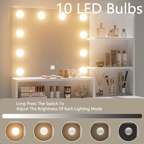 Diwnnue Vanity Desk with LED Lighted Mirror, Makeup Vanity Table Set with 6 Drawers, Adjustable Lights, Hidden Wiring, Dressing Table for Bedroom, White Diwnnue