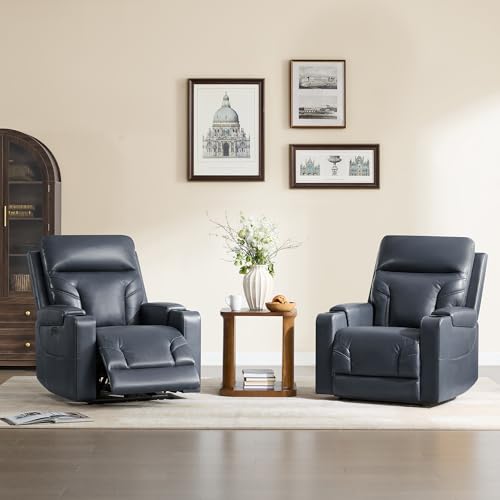 Watson & Whitely Genuine Leather Power Recliner Chair, Wall Hugger Electric Reclining Chair with Cup Holders & Charging Ports for Living Room, Navy Blue