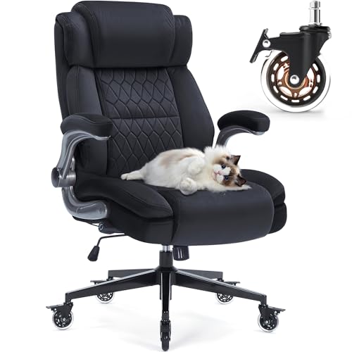High Back Office Chair 400lbs Fabric- Thick Padded Cloth Computer Desk Chair, Adjustable Lumbar Support & Flip-Up Arms, Locking Wheels - Ergonomic Durable Work Chair for Adults, Men and Women Sunchen
