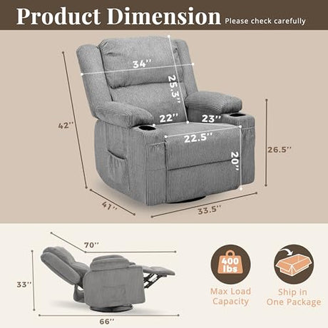 IKAKOS 360 Degree Swivel Rocker Recliner Chair with Heat and Massage, Soft Corduroy Manual Reclining Nursery Glider with USB Port, 2 Cup Holders & 4 Storage Pockets, 400lbs Capacity (Grey) IKAKOS