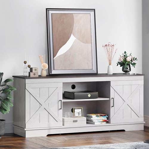 YITAHOME Buffet Cabinet, 59" Farmhouse Sideboard Buffet Storage Cabinet with Barn Door, Coffee Bar Cabinet with Capacity 300 lbs for Home Dinning Living Room, Grey White/Espresso, 26" Height