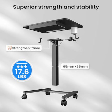 Monomi Mobile Standing Desk with Drawer, 28" Rolling Desk with Cup Holder and Hooks, Portable Laptop Cart on Wheels, Height Adjustable Workstation with Storage for Home Office, Black Monomi