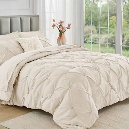 JOLLYVOGUE Full Size Comforter Sets 7 Pieces - Bed in a Bag Full for All Season, Pintuck Bedding Comforter Sets with Comforter, Flat Sheet, Fitted Sheet and Pillowcases & Shams, Beige JOLLYVOGUE