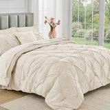 JOLLYVOGUE Full Size Comforter Sets 7 Pieces - Bed in a Bag Full for All Season, Pintuck Bedding Comforter Sets with Comforter, Flat Sheet, Fitted Sheet and Pillowcases & Shams, Beige JOLLYVOGUE