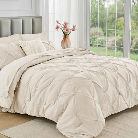 JOLLYVOGUE Full Size Comforter Sets 7 Pieces - Bed in a Bag Full for All Season, Pintuck Bedding Comforter Sets with Comforter, Flat Sheet, Fitted Sheet and Pillowcases & Shams, Beige JOLLYVOGUE