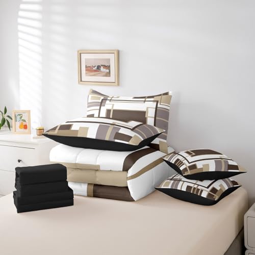Erosebridal 7Pcs Khaki Square Geometric Comforter Set Twin,Minimalist Striped Abstract Bed in A Bag for Women Men Adults,Modern Aesthetic Art Quilt Set with Pillowcases,Geometric Stripes Bedding Erosebridal