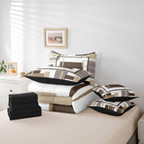 Erosebridal 7Pcs Khaki Square Geometric Comforter Set Twin,Minimalist Striped Abstract Bed in A Bag for Women Men Adults,Modern Aesthetic Art Quilt Set with Pillowcases,Geometric Stripes Bedding Erosebridal