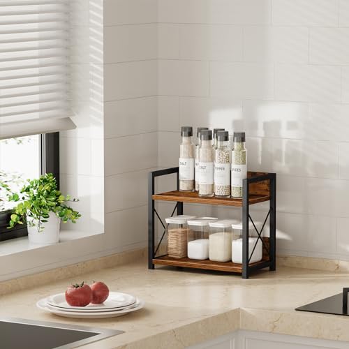 Giikin Countertop Shelf Organizer, 2 Tier Kitchen Spice Rack Organizer for Countertop, Wood Coffee Counter Shelf Organizer for Home (Brown, S) - WoodArtSupply