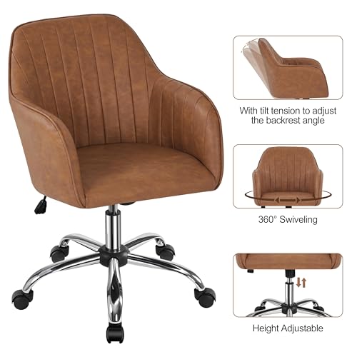 Yaheetech Modern Faux Leather Desk Chair Makeup Chair Height Adjustable Swivel Office Task Computer Armchair for Living Room Retro Brown Yaheetech
