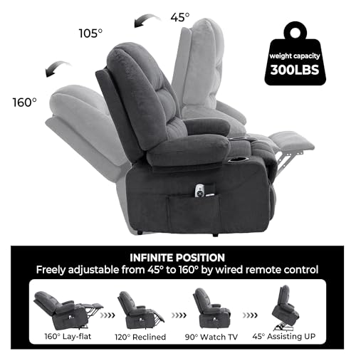 KCQ Overstuffed Electric Recliner Chairs for Adults with Cup Holder and USB Port, Fabric Power Lift Recliner Chair with Heat and Massage for Elderly Seniors, Grey