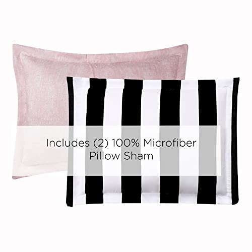 Juicy Couture Cabana Stripe Reversible Bedding Set - Queen Size - Black and White Stripe Print – 6 Piece Set – Includes 1 90" x 90" Comforter, 3 Decorative Pillows, 2 Shams Juicy Couture