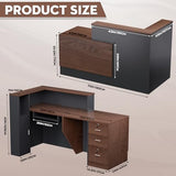 L-Shaped Modern Large Wooden Commercial Reception Desk with Counter & Shelves, Front Reception Desk Counter Table with Storage, Drawers for Offices,Home (Brown + Black, Left- 71''L x 42''W x 41''H) Drexo