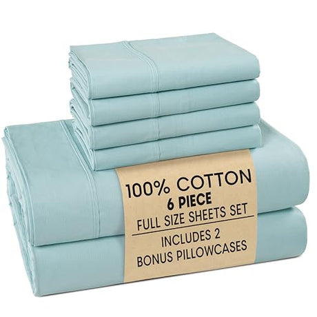 Casa Platino Full Sheets Sets – 100% Cotton Full Sheets Cooling with 4 Pillowcases, 15" Deep Pocket Fitted Sheet, Crisp & Smooth Feel, Ultra Soft & Cozy, Fit – Blue Sky Casa Platino