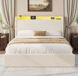 Full LED Bed Frame with 4 Storage Drawers and Storage Headboard, Soft Boucle Upholstered Platform Bed Frame with Charging Station and USB Ports, Solid Wood Slats Support, No Box Spring Needed, Cream Garvee