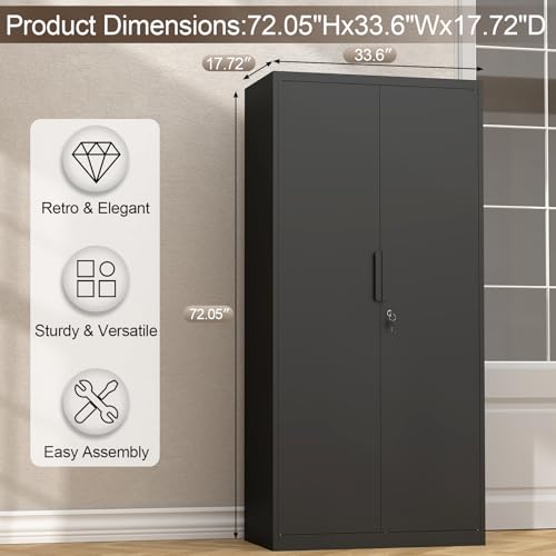 GREATMEET Metal Garage Storage Cabinets, 72" H Locking Garage Cabinets with 2 Doors and 4 Shelves, Utility Cabinet for Office, Garage, Home, Gym, School, Black GREATMEET