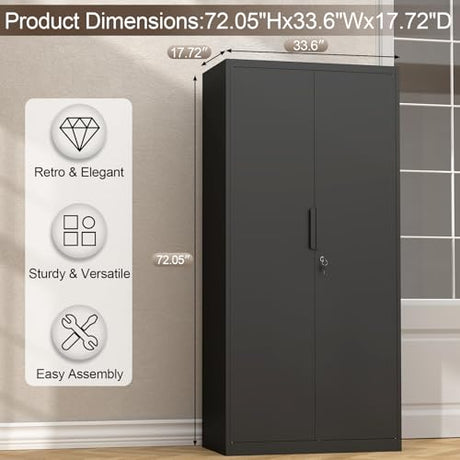GREATMEET Metal Garage Storage Cabinets, 72" H Locking Garage Cabinets with 2 Doors and 4 Shelves, Utility Cabinet for Office, Garage, Home, Gym, School, Black GREATMEET