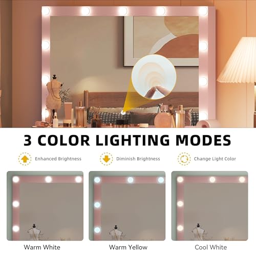DWVO Vanity Desk with Large Mirror and Lights, Makeup Vanity Set with 11 LED Bulbs and Power Outlet, 4 Storage Drawer, Dressing Table with 3-Color Adjustable Lighting, Vanity Stool, Pale Pink DWVO