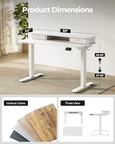 FEZIBO 55 x 24 Inch Height Adjustable Electric Standing Desk with Double Drawer, Stand up Home Office Computer Desk with 4 Height-Adjustable Feets & 2 Hooks, White FEZIBO