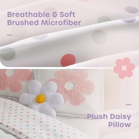 Intelligent Design Kids Full Comforter Set for Girls, Tufted Chenille Floral Comforter Set Queen, Lightweight Polka Dot Reversible Bed Set, Shams, Pillow, Gracie, Full/Queen White/Purple 4 Piece Intelligent Design