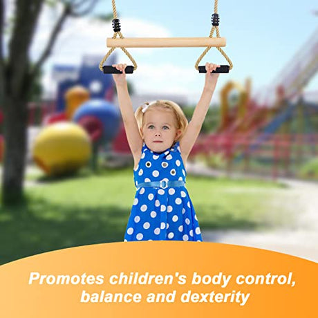 Wooden Trapeze Swing Bar with Gym Rings for Children's Swing Set Indoor Outdoor Garden,Yard,Playground YAERSI