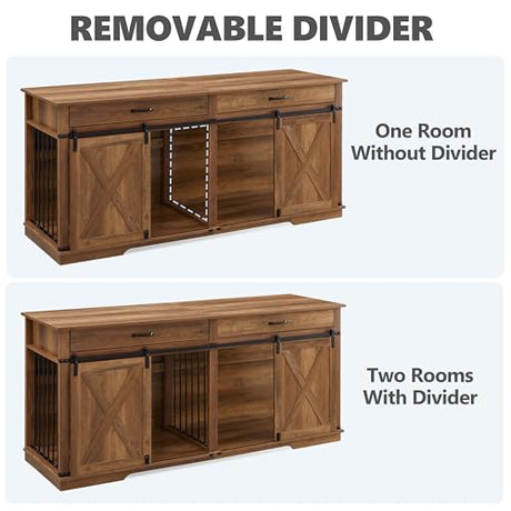 72.5" XXL Wooden Dog Crate Furniture for 2 Large Breeds, Extra Large Double Dog Kennel with Divider, Drawers & Barn Door, Water Resistant Furniture-Style Dog Cage, Rustic Oak EDYO LIVING