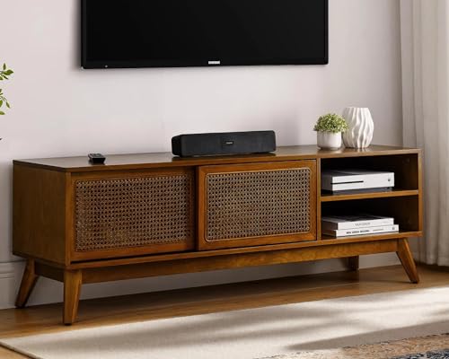 LKTART 59 Inch Mid Century Modern TV Stand with Rattan Cabinet Doors, Entertainment Center for living room Solid Wood Feet Light Wood - WoodArtSupply