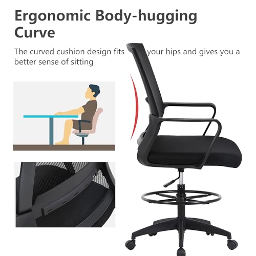 BestOffice Drafting Chair Tall Office Chair Adjustable Swivel Rolling Mesh Height with Lumbar Support Arms Footrest Mid Back for Adults Standing Desk Drafting Stool(Black) BestOffice