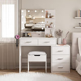 Maupvit Vanity Desk with Mirror and 10 LED Bulbs, Makeup Vanity Set with Charging Station & Nightstand, 5 Drawers Large Capacity, 2 Open Shelves, Dressing Table with Storage Stool for Bedroom, White Maupvit