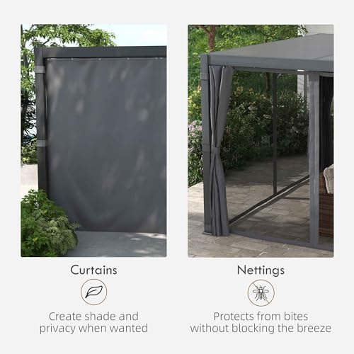 Outsunny 12' x 19' Louvered Pergola Hardtop Gazebo with Adjustable Aluminum Roof and Frame, Outdoor Pergola with Curtains and Netting, for Garden, Lawn, Backyard, and Deck, Dark Gray Outsunny