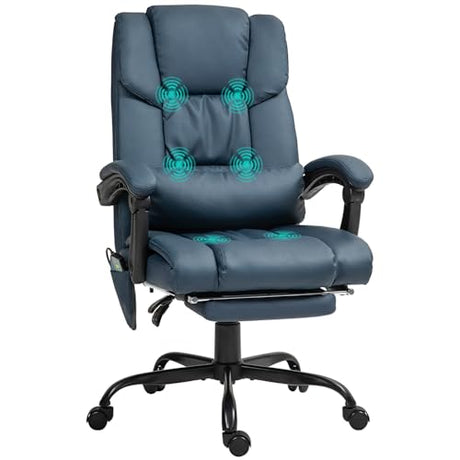 Vinsetto High Back Massage Office Chair with 6 Vibration Points, PU Leather Reclining Computer Chair, Ergonomic Desk Chair with Footrest Adjustable Height and Remote, Blue Vinsetto