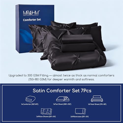 MR&HM Satin Comforter King 7 Pieces - Luxurious Pinch Pleat Bedding Set with Comforter, Flat Sheet, Fitted Sheet, Pillowcases & Shams, Super Silky Soft Bed Set for All Season (King, Black) MR&HM