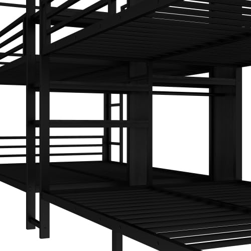Full Size Quadruple Metal Bunk Bed with Wardrobe & Storage Shelves, Quadruple Metal Bunk Bed Frame with Noise-Reduced Design (Black/Full) MERITLINE