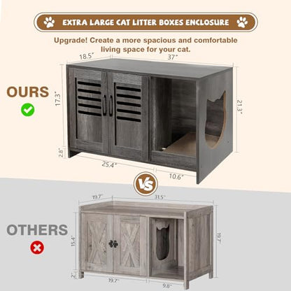 Zerbuger Large Wooden Cat Litter Box Enclosure, Hidden Dog Proof Litter Box with Cat Scratch Pad, Cat Washroom Cabinet, Cat House 37" L x 18.5" D x 21.3" H, Oak Grey