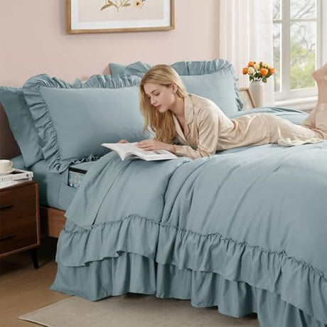 AMBERSPACE Queen Comforter Set Dusty Blue, Ruffle Shabby Chic Bedding Set Farmhouse 7 Pieces, All Season Fluffy Bed in a Bag with Sheets, Pillowcases & Shams AMBERSPACE