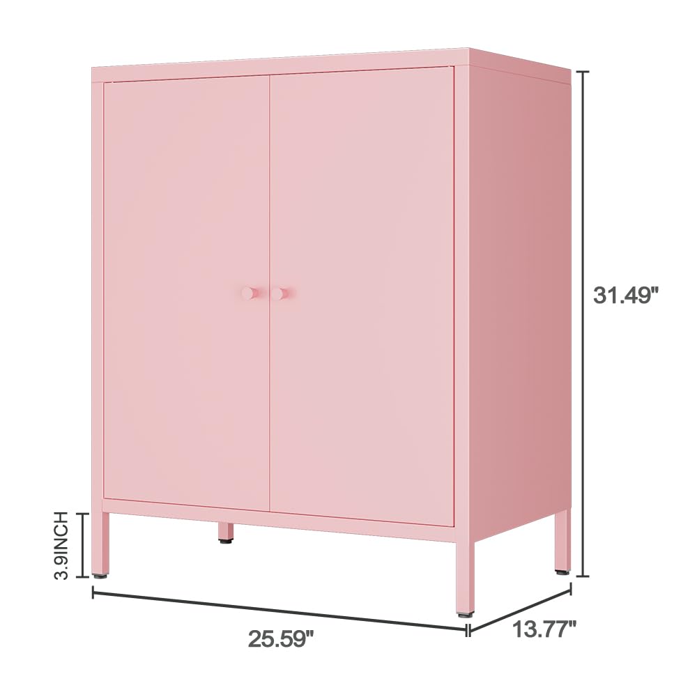 Fumedo Small 2 Transparent Door Metal Storage Side Buffet Cabinet for Bed Room,Living Room,Entryway,Hallway,Home,Hotel,Office,Garage,Kitchen,1 Removable Shelf. (Metal Door, Pink) Fumedo