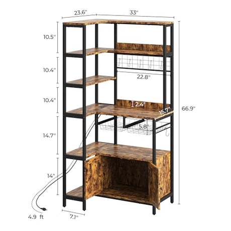 IRONCK Corner Bakers Rack with Power Outlet, Coffee Bar 6 Tier with Storage Cabinet, Vintage Industrial Microwave Stand with 6 Hooks, Kitchen Shelves with Wire Basket, Rustic Brown IRONCK