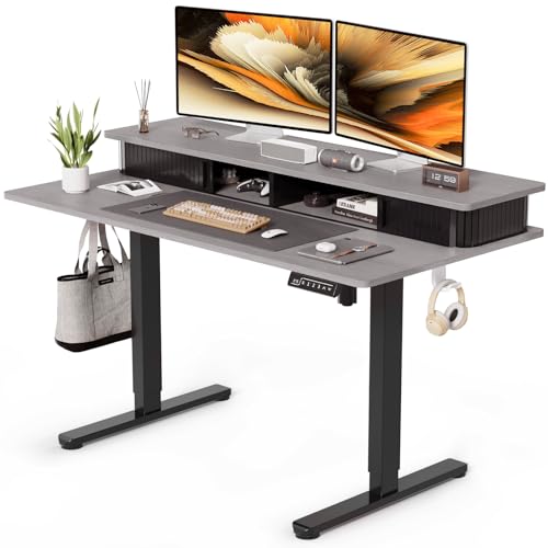 JOY worker Height Adjustable Electric Standing Desk with Storage Shelves, 48 Inch Table with Built-in Monitor Stand, Sit Stand Desk with 2 Hooks for Home Office, Grey Desktop & Black Frame JOY worker