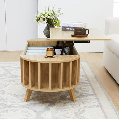 Janmer Home 47.3" Lift Top Coffee Table with Hidden Storage, Small End Table with Curved Edge Design, Oval Center Table with Lift Tabletop for Living Room, Office (Natural) - WoodArtSupply