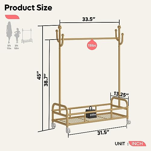 Bestier Kids Dress Up Rack, Adjustable Rack Height for Kids Clothes Rack, Bottom Storage Shelf with Wheels, Metal Dress Up Rack for Kids, Toddler, Children, Girls, Boys, Gold Bestier